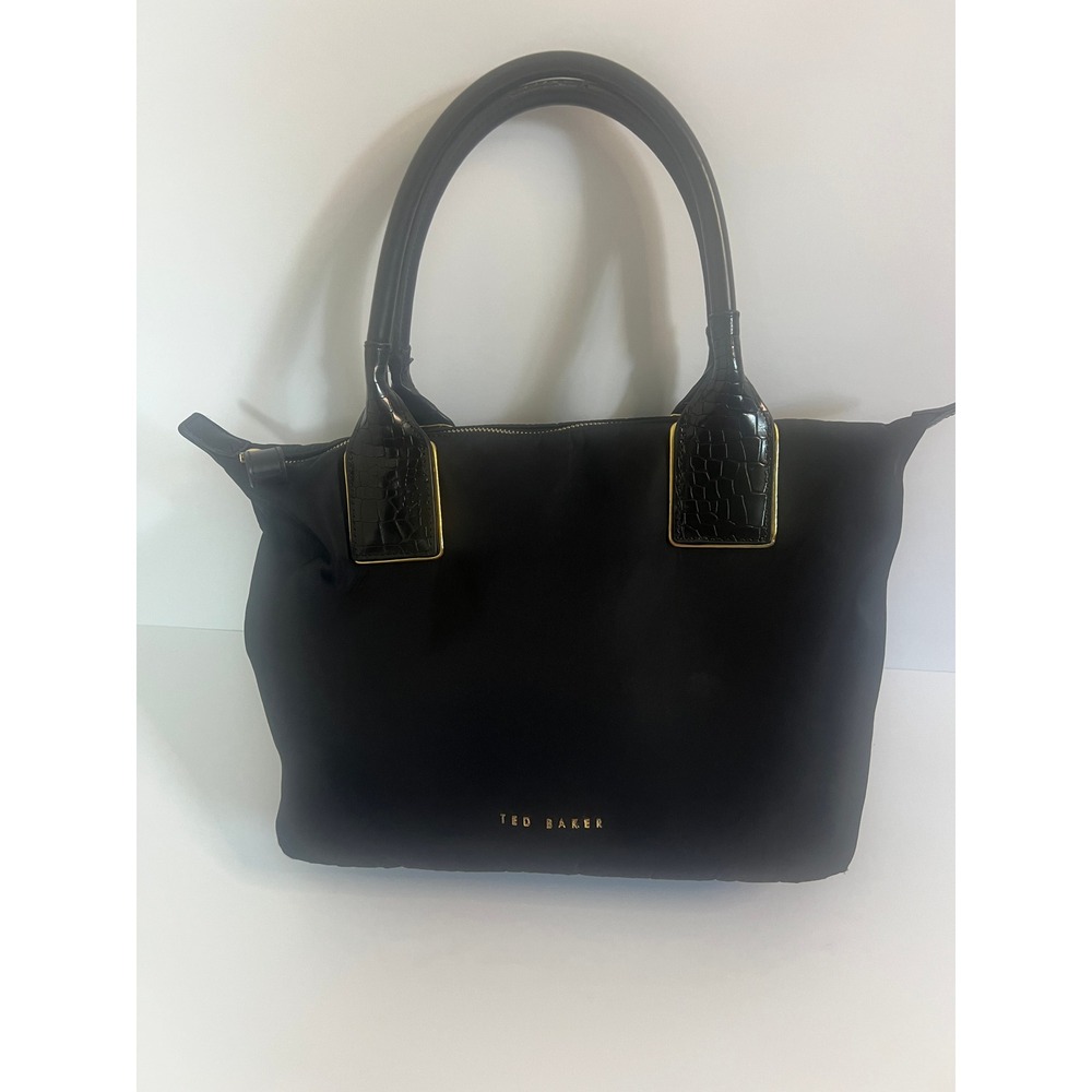 Ted Baker Black Nylon Tote Bag Croc Embossed Trim Gold Hardware Shoulder Bag